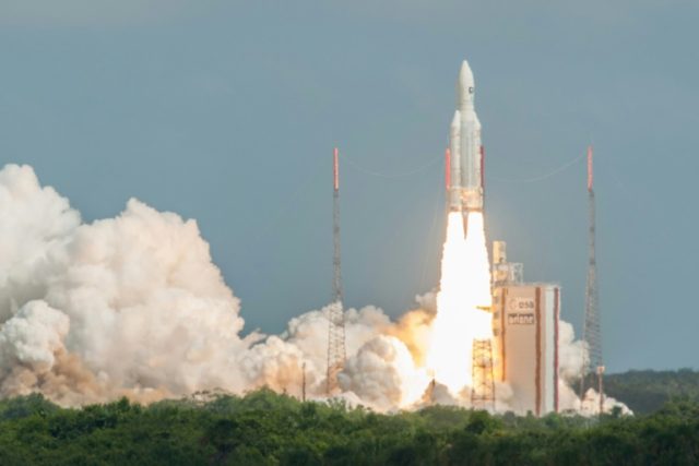 The Ariane 5 rocket with a payload of four Galileo satellites blasts off from the ESA's Sp