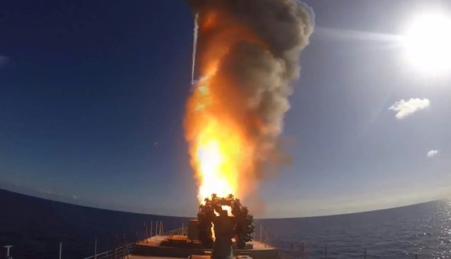 The frigate Admiral Grigorovich launching cruise missiles in the eastern Mediterranean off