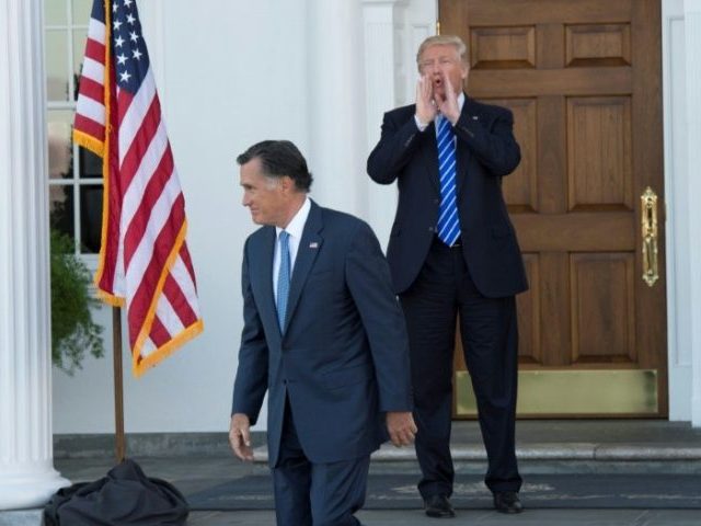 Mitt Romney (R) leaves after meeting with US President-elect Donald Trump at the clubhouse of Trump National Golf Club on November 19, 2016 in Bedminster, New Jersey