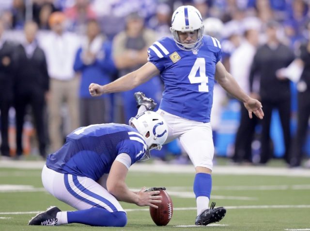 Adam Vinatieri of the Indianapolis Colts attempts to kick a field goal during the game against the Tennessee Titans on November 20, 2016 in Indianapolis - he missed the kick