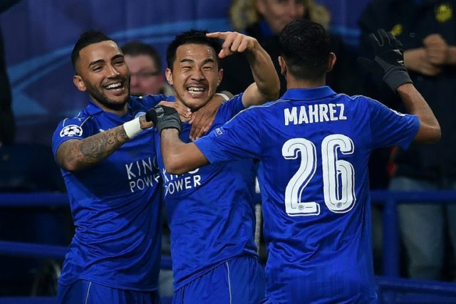 Leicester City's striker Shinji Okazaki (C) celebrates scoring against Club Brugge on Nove