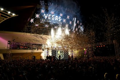 Pyrotechnics and streamers are fired into the air as the Vegas Golden Knights is announced