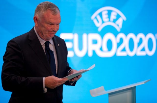 FA Chairman Greg Clarke speaks at an event to launch the logo for the 2020 UEFA European C