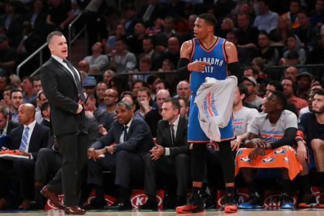 Head coach Billy Donovan of the Oklahoma City Thunder and Russell Westbrook react during t