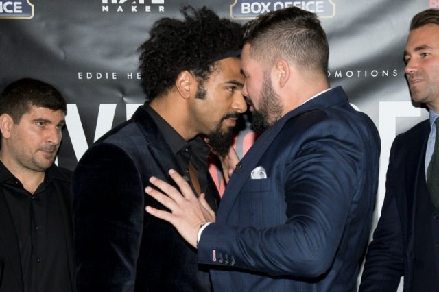 British boxers David Haye (left) and Tony Bellew go head to head after a press conference
