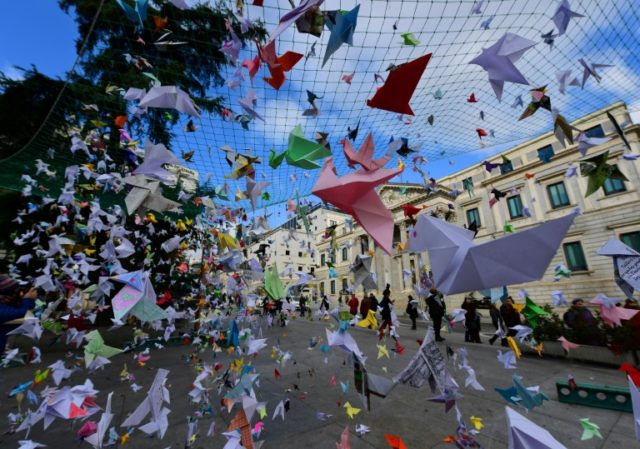 Thousands of paper birds installed by the Spanish section of the World Wildlife Fund are s