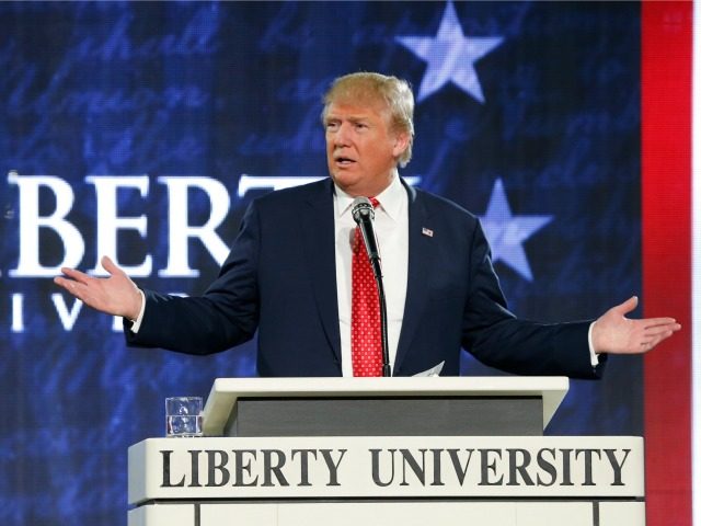 FILE - In this Jan. 18, 2016 file photo, Republican presidential candidate Donald Trump gestures during a speech at Liberty University in Lynchburg, Va. The list of prominent evangelicals denouncing Trump is growing, but is anyone in the flock listening? The bloc of voters powering the real estate mogul through …