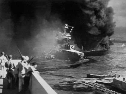 7th December 1941: The USS California on fire in Pearl Harbour (Pearl Harbor) after the J