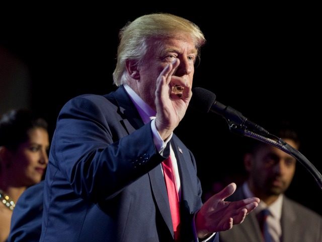 Republican presidential candidate Donald Trump speaks during a Hindu political organizatio