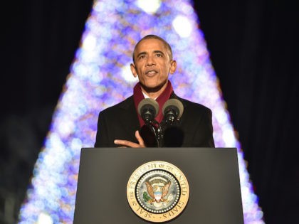 US President Barack Obama speaks during the National Christmas Tree Lighting on the Ellipse of the National Mall in Washington on December 1, 2016. / AFP / Nicholas Kamm (Photo credit should read NICHOLAS KAMM/AFP/Getty Images)