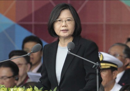 Taiwan President Tsai Ing-wen delivers a speech during National Day celebrations in front of the Presidential Building in Taipei, Taiwan, Monday, Oct. 10, 2016. (AP Photo/Chiang Ying-ying).