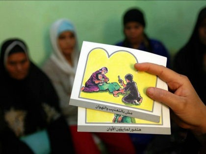 A counsellor holds up cards used to educate women about female genital mutilation (FGM) in
