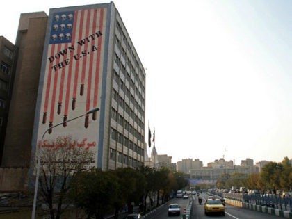 A general view shows a building bearing anti-US graffiti in the Iranian capital Tehran on