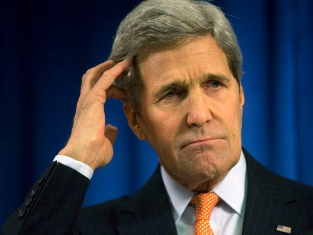 U.S. Secretary of State John Kerry speaks during a media briefing at the U.S. Embassy on February 21, 2015 in London, England. Earlier Kerry met with British Foreign Minister Philip Hammond and it's expected that the issue of the continuing conflict in the Ukraine will dominate talks between the two …