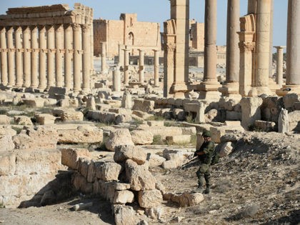 2839317 05/05/2016 A soldier in the historical part of Palmyra liberated from Islamic State militants. Maksim Blinov/Sputnik via AP