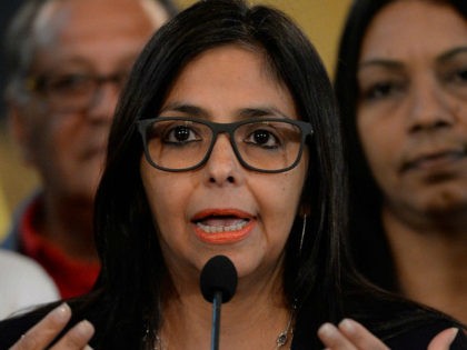 Venezuelan Foreign Minister Delcy Rodriguez offers a press conference after holding a meet