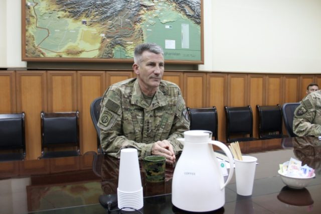 US Army General John Nicholson looks on during an interview in Kabul on October 23, 2016