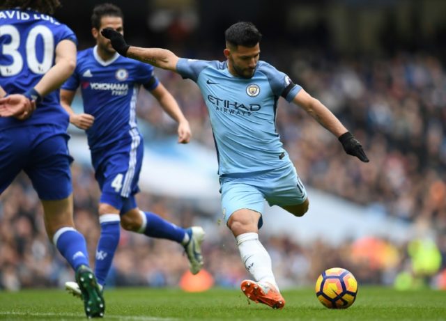 Manchester City's Sergio Aguero (right) in action against Chelsea during their Premier Lea