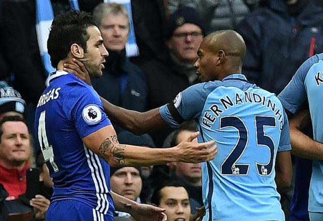Manchester City midfielder Fernandinho (right) was sent off after an altercation with Chel