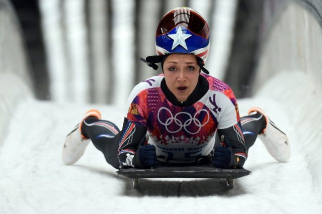 Katie Uhlaender reacts after finishing her run during the Sochi Winter Olympics in 2014