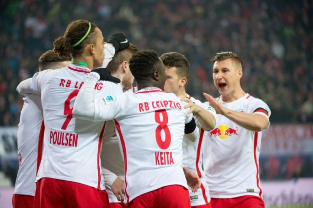 Players of RB Leipzig celebrate after scoring a goal during their German first division Bu