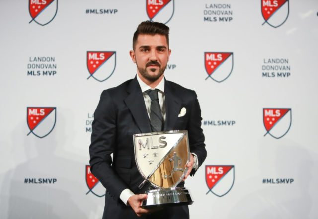 David Villa of New York City FC poses for a photo with the 2016 Landon Donovan MLS MVP tro