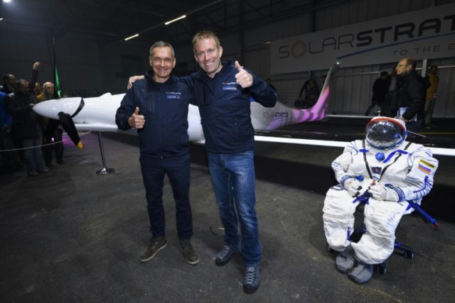 Raphael Domjan (right) and Thierry Plojoux in front of SolarStratos on December 7, 2016 in