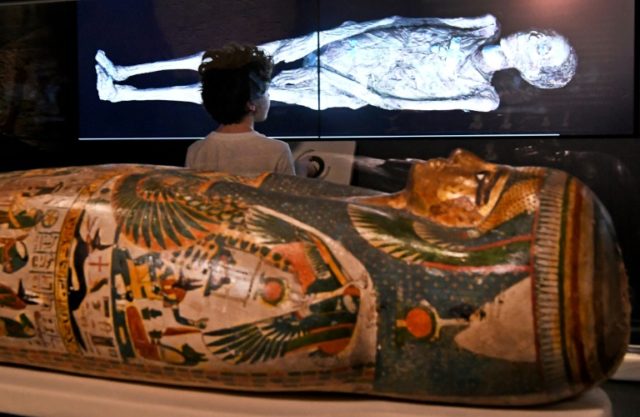 A young visitor looks at a 3D image of a CT scan of an Egyptian mummy, during a preview fo