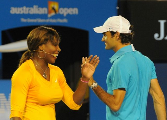 Serena Williams and Roger Federer take part in an exhibition tennis match in Melbourne in