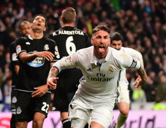 Real Madrid's captain Sergio Ramos celebrates after scoring a goal during their Spanish La
