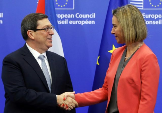 Cuban Foreign Minister Bruno Rodriguez Parrilla (left) meets EU foreign affairs chief Fede