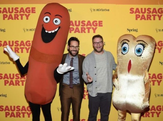 Actor Paul Rudd and writer Seth Rogen attend the premiere of "Sausage Party" at Sunshine L