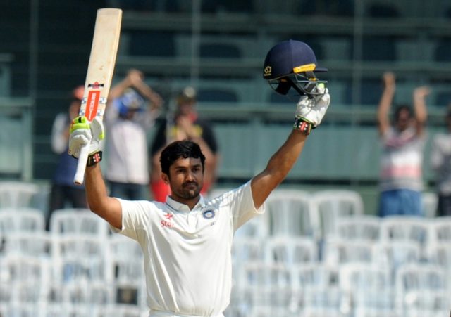 India's Karun Nair celebrates reaching his century on the fourth day of the fifth Test aga