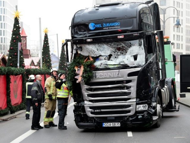 The truck that crashed into a Berlin Christmas market, killing at least 12 people, pictured on December 20, 2016