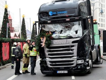 The truck that crashed into a Berlin Christmas market, killing at least 12 people, pictured on December 20, 2016