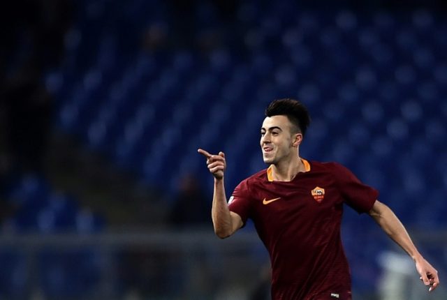 Roma forward Stephan El Shaarawy celebrates after scoring a goal during the football match