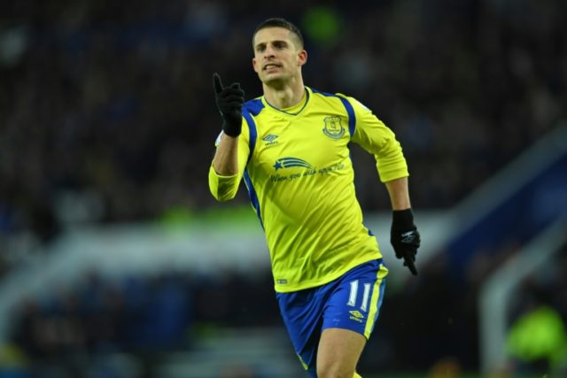 Everton's Kevin Mirallas celebrates after scoring a goal during their English Premier Leag