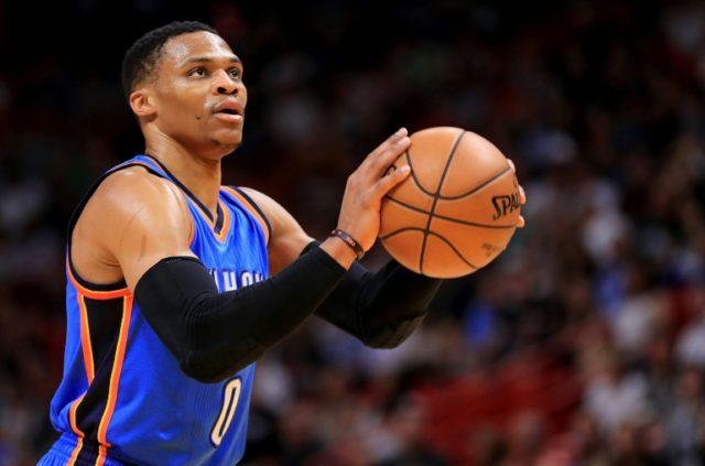 Russell Westbrook of the Oklahoma City Thunder shoots a foul shot during a game against th