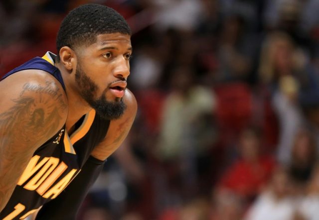 Paul George #13 of the Indiana Pacers looks on during a game against the Miami Heat at Ame