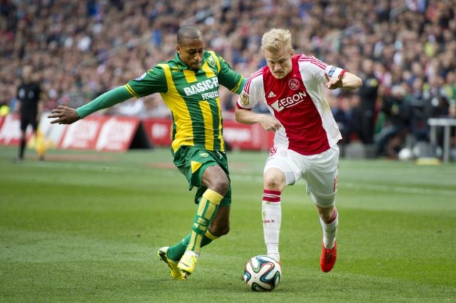 Mitchell Schet of ADO Den Haag (L) challenges Nicolai Boilesen of Ajax Amsterdam during th