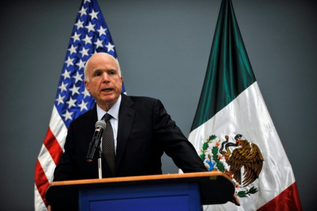US Republican Senator for Arizona John McCain delivers a message to the media at the Benja