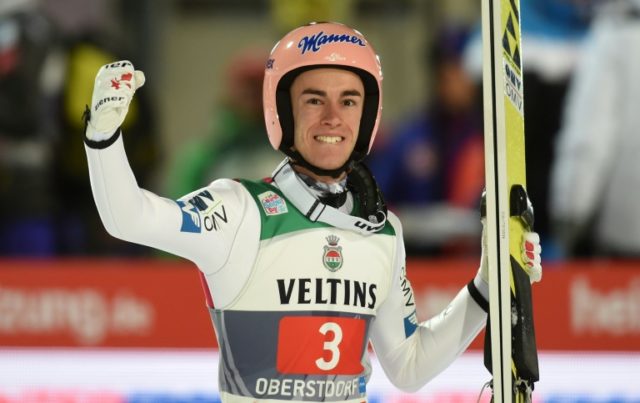 Austrian Stefan Kraft celebrates after the ski jumping event in Oberstdorf, southern Germa