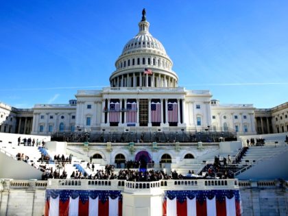 The U.S. Capitol looms over a stage during a rehearsal of the President-elect Donald Trump