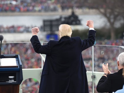 US President Donald Trump celebrates after his speech during the Presidential Inauguration