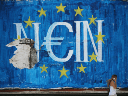 The German word 'Nein' which means 'No' sits on graffiti art displaying the European Union (EU) flag and a euro symbol on July 8, 2015 in Athens, Greece.
