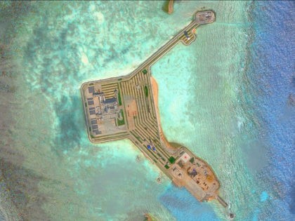 GAVEN REEF, SOUTH CHINA SEA - NOVEMBER 17, 2016: DigitalGlobe overview imagery of one of t