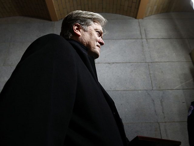 Senior Counselor to the US President Steve Bannon, arrives before the presidential inauguration on the West Front of the US Capitol on January 20, 2017 in Washington, DC. Donald Trump was sworn in as the 45th president of the United States Friday -- ushering in a new political era that …