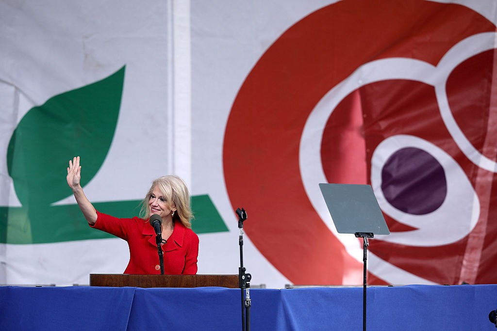WASHINGTON, DC - JANUARY 27: Kellyanne Conway, counselor to President Donald Trump, addresses a rally on the National Mall before the start of the 44th annual March for Life January 27, 2017 in Washington, DC. The march is a gathering and protest against the United States Supreme Court's 1973 Roe v. Wade decision legalizing abortion. (Photo by Chip Somodevilla/Getty Images)