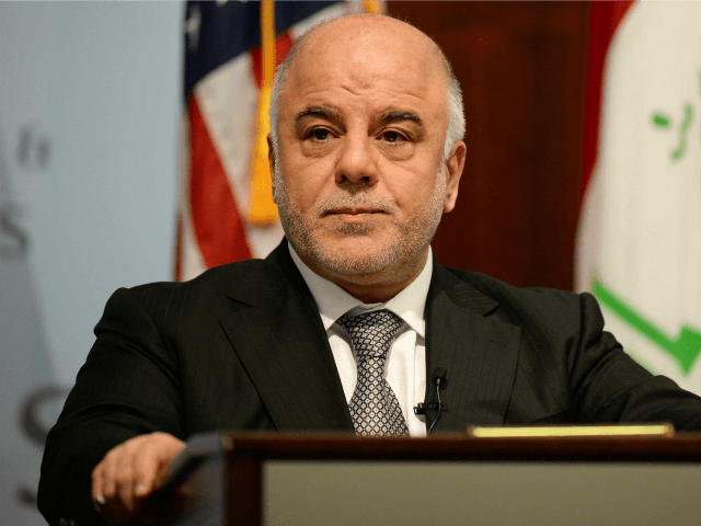 Iraqi Prime Minister Haider al-Abadi speaks at the Center for Strategic and International Studies (CSIS) in Washington, DC, April 16, 2015. AFP PHOTO/JIM WATSON (Photo credit should read JIM WATSON/AFP/Getty Images)