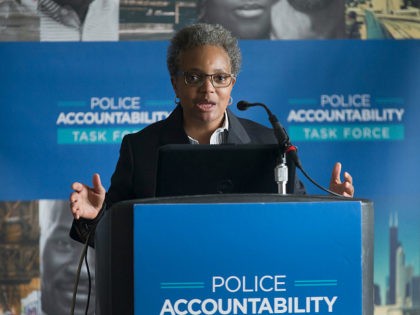 CHICAGO, IL - APRIL 13: Lori Lightfoot, chair of the Chicago Police Board, addresses community leaders and members of the news media about the findings of the Police Accountability Task Force on April 13, 2016 in Chicago, Illinois. The task force found the Chicago Police Department was plagued by systematic …